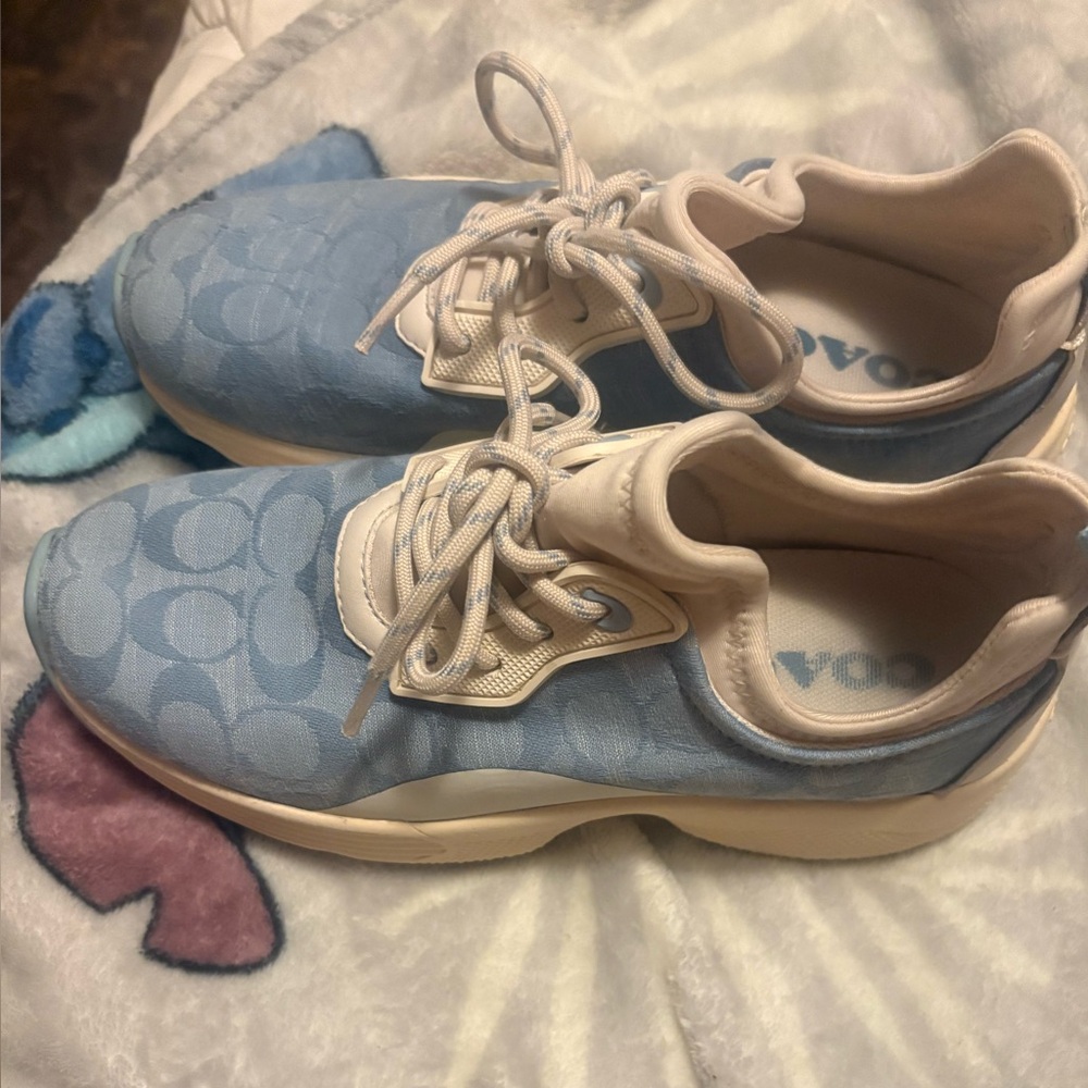 Coach Light Blue Signature Runner Sneakers with Cream Trim